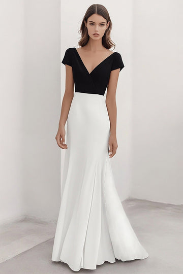 A Line White V Neck Formal Dress with Short Sleeves
